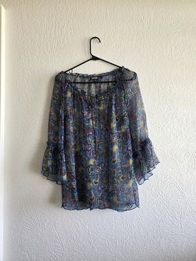 Kensie Sheer Paisley Peasant Blouse - Blue Multi